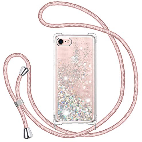 Handykette Hülle für iPhone SE 2022/ 7/ 8/SE 2020, Glitzer Treibsand Necklace Silikon Stoßfest Handyhülle mit Band Transparent TPU Schutzhülle mit Kordel zum Umhängen, Case in Rosé-Gold
