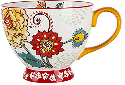 Kaffeetasse, handbemalt, Blumenmuster, Keramik, 425ml, große Tasse für Kaffee, Milch, Latte, Cappuccino, Tee, Kakao, Geburtstag, Weihnachten, Muttertag, Valentinstag, Freund