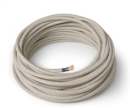 Amarcords - Câble électrique textile couleur ECRU, rond, chanvre, 20 mètres, avec mise à la terre 3x0,75 - Fil vintage en tissu coloré, pour lampes, lustres, appliques et abat-jours.