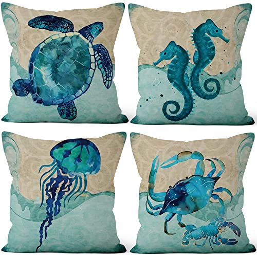 Aoihrraan 46x46cm 4er Set Decorativo Kissenbezug Unter Wasser Welt Tiere Quadratische Dekokissen Aus Mit Unsichtbarem Reißverschluss Leinen Zuhause Dekor Schlafzimmer Garten Outdoor Sofa Kissenhülle