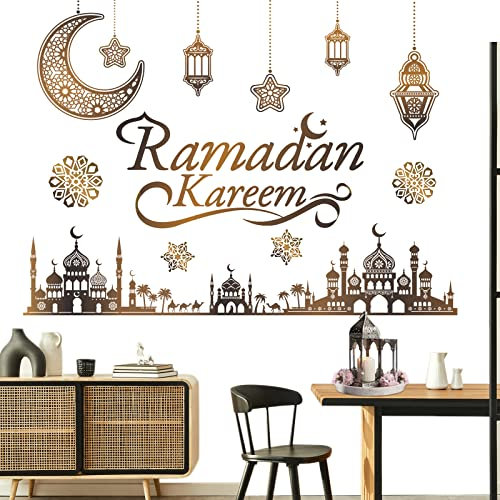 Faccito Ramadan Kareem Wandaufkleber Eid Mubarak Fensterbilder Ramadan Mubarak Wandtattoo Muslim Fensteraufkleber Eid Mubarak Sticker für Fenster Wand Spiegel Party Dekoration