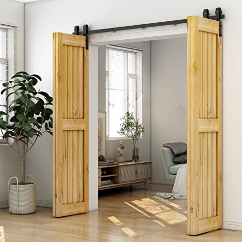 244cm/8FT Bifold Schiebetürbeschlag Schiebetüren Schiebetürsystem Komplettset Laufschiene Rollen Set Schwarz für 4 Holztür 59cm Breit