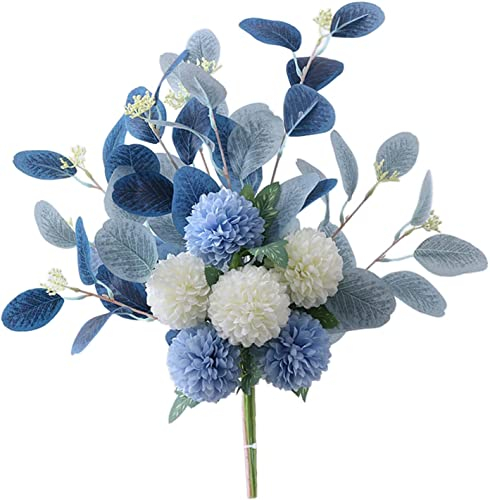 HAOSHICS Ramo de flores falsas blancas, hortensias, flores artificiales de crisantemo, flores artificiales de seda para decoración de centros de mesa de café (blanco y azul)