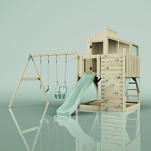 Rebo Spielturm mit Spielhaus inkl. Wellenrutsche, Kinder-Schaukel und Baby-Schaukel | Outdoor Klettergerüst Garten | Kletterwand und Kletterleiter | Stabile Konstruktion