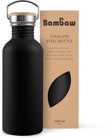 Bambaw Gourde Inox 1l, Gourde Sport Noire, Bouteille d'Eau Non-Isotherme, Gourde 1l Inox, Gourde Reutilisable, Gourde Metal, Gourde sans BPA – Noir Onyx