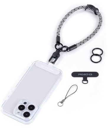 project-cb Phone Wrist Strap 1,Tether Tab 2,Hand Strap, Phone Wristlet,Key Ring 2, Lanyard Patch,KeyChain (White-Black)