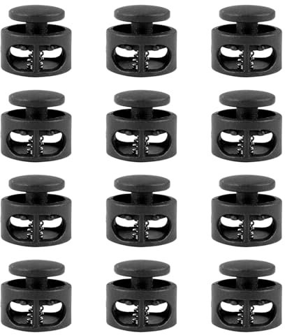 nllkii Lot de 12 Bouchons de Cordon en Plastique, Stoppeurs à Un Trou pour Cordons de Ø5mm, Clips de Serrage Rapide pour Vêtements, Sacs à Dos, Tentes, Accessoires de Couture - 17 x 17 mm, Noir
