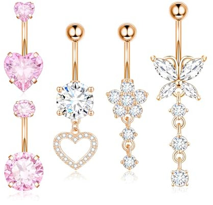 Hebterrka Piercing de nombril en acier inoxydable chirurgical pour femme - Avec cœur, fleur, papillon, or rose - 14 g