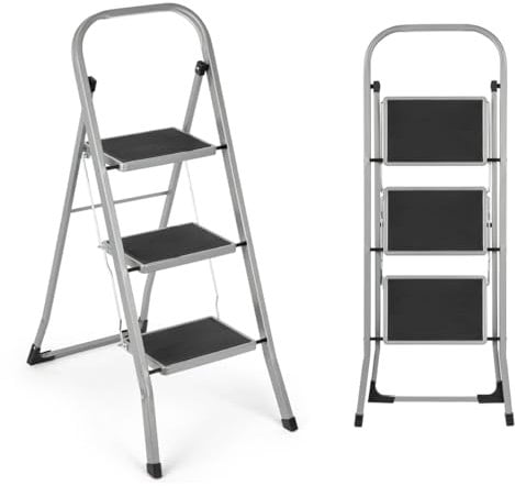 3 Step Ladder | Portable Folding Ladders | Lightweight Sturdy Steel Ladder | Anti Slip Feet | Non-Slip Safety Treads | Easy to Store Step Stool | DIY Gardening Kitchen Garage | 150kg Capacity, Grey