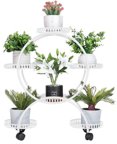 unho Portapiante Battuto Ferro con Ruote: Bianco Portavasi Interno Esterno 6 Vasi Fioriera Supporto Piante Fiori Metallo Portafiori Ferro Battuto da Orchidee Balcone Giardino