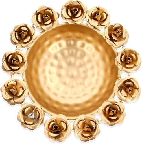 Diya Shape Flower Decorative Urli Bowl, Metal Handcrafted for Floating Flowers and Tea Light Candles - Home, Office and Table Decor | Diwali Decoration Items (Rose Pattern 9'')