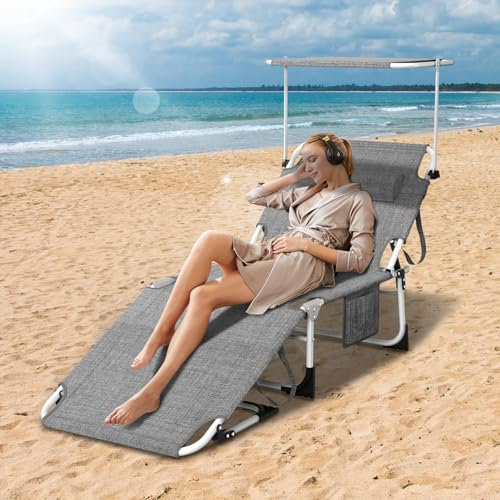 Sonnenliege mit Dach, wetterfeste Gartenliege, stabile Strandliege klappbar & leicht, mit Sonnenschutz & verstellbarer Rückenlehne, belastbar bis 150 kg, ideal für Garten Terrasse Camping, Grau