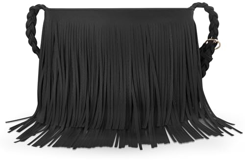 AdiStylinno Tassel Crossbody Bag Damen, PU Leder Fringe Boho Umhängetasche, Große Kapazität Bohemian Schultertasche mit Verstellbarem Gewebten Schultergurt Handytasche zum Umhängen (Schwarz)