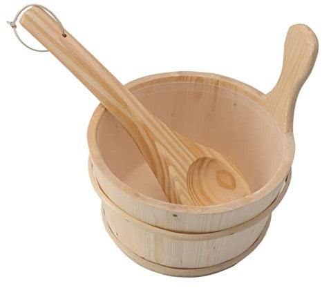 Pissente Set Secchio da Sauna 4L e Mestolo con Rivestimento in Plastica, Accessori per Sauna in Legno di Abete per SPA Piscina Vasca da Massaggio Adatto per Sauna Bagno SPA Piscina Vasca