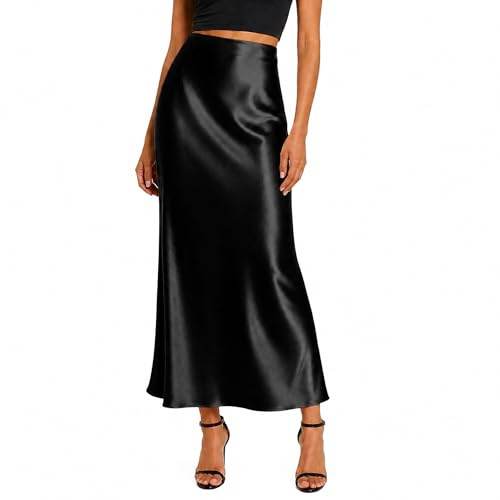 Supcomsta Womens Satin Maxi Skirt High Waisted Silky Long Skirt, Elastic Waist Elegant Slip Skirt for Casual Party