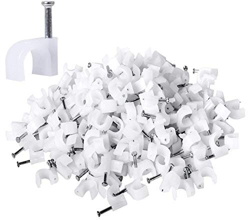 Pack of 100- 9mm - Premium Round Cable Clip with Steel Nail - High Density Polyethylene Cable Clips