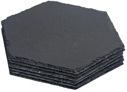 Argon Tableware Hexagon Slate Placemats - 30 x 26cm - Pack of 6 - Black Natural Stone Slate Dinner Mats Dinnerware Plate Placemats for Kitchen, Home, Bar, Restaurant, Weddings, Events