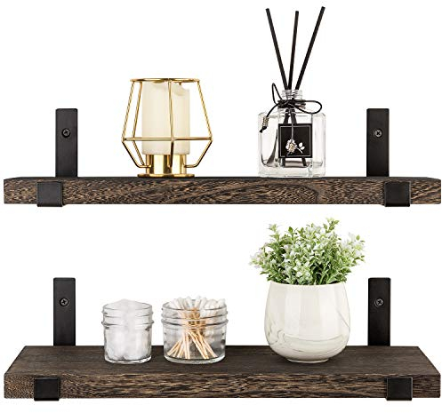 Mkouo Floating Shelves Rustic Wall Mounted Shelf Wooden Shelves with Brackets for Living Room Bedroom Bathroom Kitchen Home Office, Set of 2