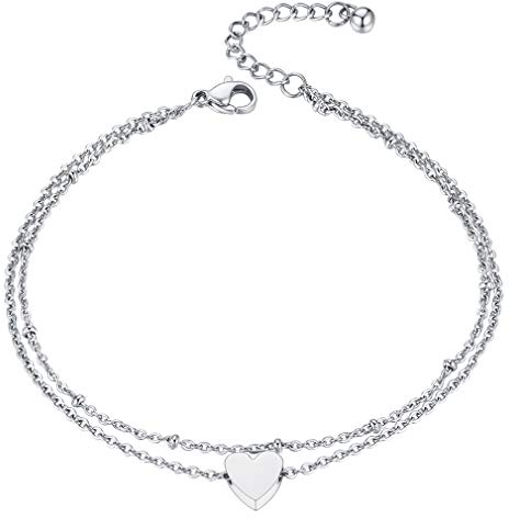 FaithHeart Femme Coeur Bracelets de Cheville,Double Chaines de Pied Maille Boule en Acier Inoxydable Ajustable 20+5 cm pour Femmes Filles