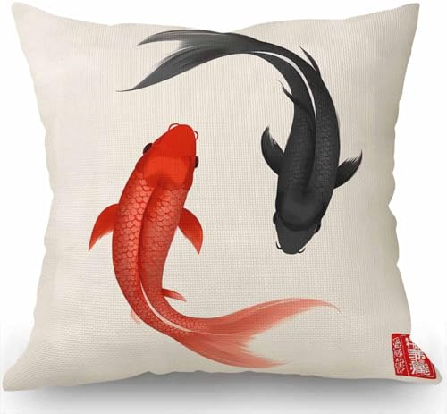Swono Kissenbezug, Motiv: Koi-Karpfen, handgezeichnet mit Tinte in traditioneller japanischer Jute, quadratisch, 45,7 x 45,7 cm