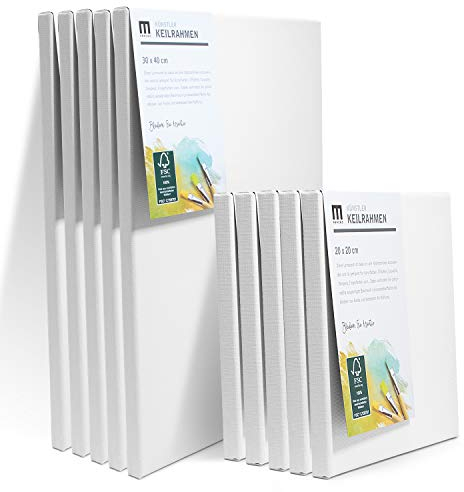 10er Set Künstler Leinwand zum Bemalen (5 Stk 30x40cm, 5 Stk 20x20cm) Canvas Leinwand aus 100% Baumwolle, umlaufend aufgespannt auf FSC® Holz-Keilrahmen, 280g/m², 2-fach weiß grundiert