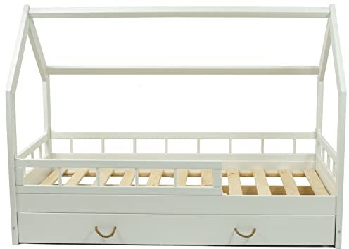 Hausbett Kinderbett mit Schublade Rausfallschutz Skandinavisches Design 160x80cm (Farbe: weiß)