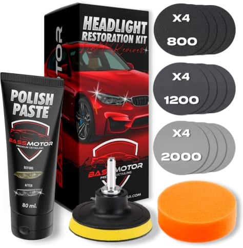 BassMotor Kit Pulir Faros Desgastados Para Restauración Faros Coche Lijar Limpiador Faros Opacos Pulimento ITV Amarillos Degradación Mejor Visibilidad y Seguridad Kit Competo Uso Fácil en Casa