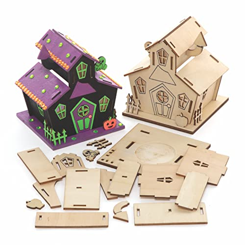 Baker Ross FE764 Porte Bougie Enfant en Bois en forme de Maison Hantée - Lot de 3, Porte Bougie Decoration, Porte Bougies Decoratif, Loisir Creatif Enfant