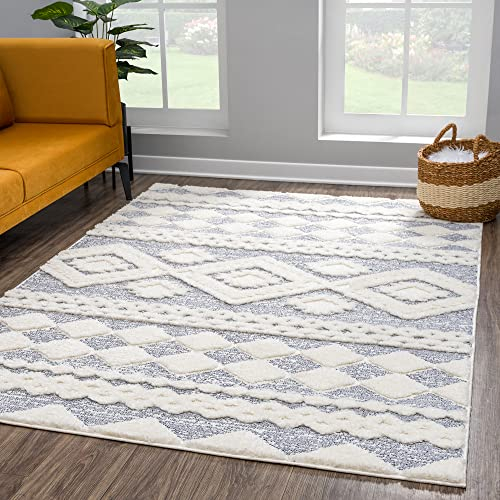 Teppich Wohnzimmer Hochflor - Boho - Pastell Cream Grau - 120x170cm - Einfarbig - Modern Raute Meliert Muster - Skandinavisch Flauschig Weich - Wohnteppich Schlafzimmer Dekoration