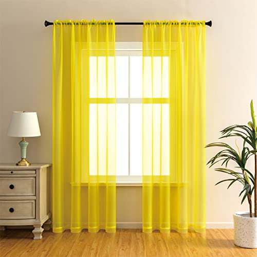 GYROHOME Basic Rod Pocket Sheer Voile Curtain, Sunlight Filtering Protect Privacy Polyester Sheer for Bedroom Patio Door Set of 2Panels, Yellow, 132x213cm
