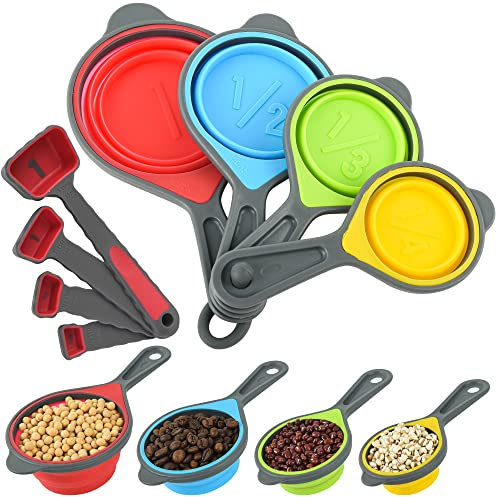 IFFMYJB 8 Piece Collapsible Silicone Measuring Cups and Spoons Set, Random Color Cups, Red Spoons, 250ml, Perfect for Liquid & Dry Food, Space Saving