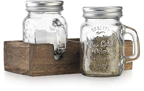 MosJos Mason Jar Salière et poivrière – Ensemble distributeur de condiments en verre vintage avec support en bois – Décoration de cuisine de ferme, remplissage facile, capacité de 141,7 g avec