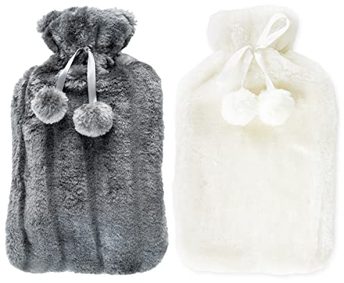 2 Pack Hot Water Bottles with Cover UK - x2 Natural Rubber 2 Litre Hot Water Bottles - Perfect Hot Water Bag for Pain Relief, Hand Feet Warmer (Cream Bottles with x1 Dark Grey & x1 White Cover)