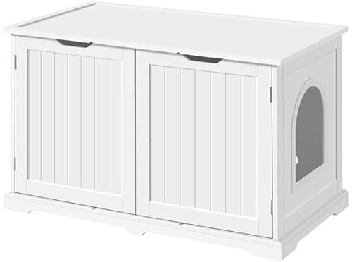 Abician Meuble Cache Litière pour Chat avec Cloison et Entrée Voutée Meuble de Bac à Litière en Bois MDF Maison de Toilette Niche pour Chat 95 × 53,5 × 57,5 cm Blanc