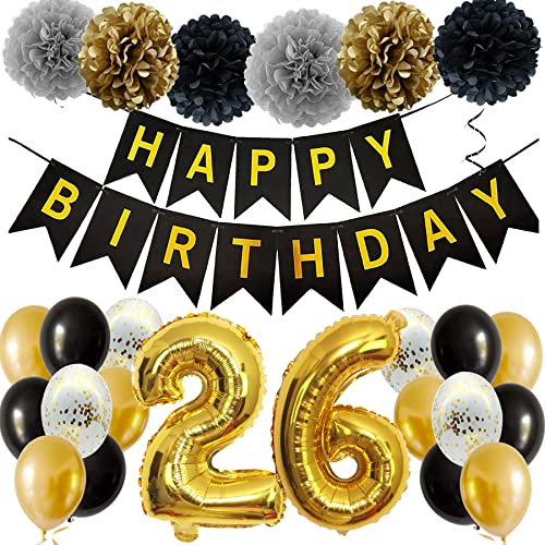 Feelairy Ballons 26. Geburtstag Deko Männer Frauen, Schwarz Gold Geburtstagsdeko 26 Jahre Mann Frau, Happy Birthday Deko Konfetti Luftballons Deko 26 Geburtstag Mann 26 Geburtstag Deko Frauen
