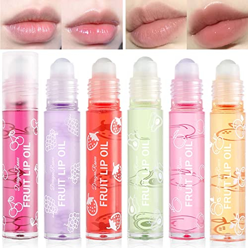 Prreal 6 PCS Fruit-Flavored Lip Gloss, Moisturized Fresh Lip Glaze,Transparent Colorless Moisturizing Lip Lotion Lip Plumper, Roll on Lip Gloss Balm, Liquid Lipstick Lip Oil for Lip Care