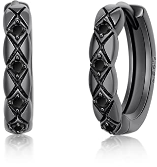 Schwarz Ohrringe 925 Sterling Silber Herren Ohrringe Schwarz Huggie Creolen Punk Stil Minimalist Schmuck Geschenk für Damen Mädchen Herren