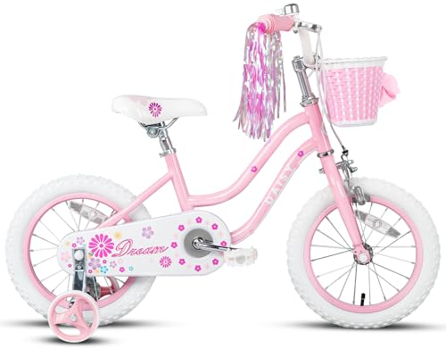 Glerc 14 Zoll Kinderfahrrad Alter 2 3 4 5 6 Jahre alte Mädchen Fahrrad mit Stützrädern & Korb，Rosa