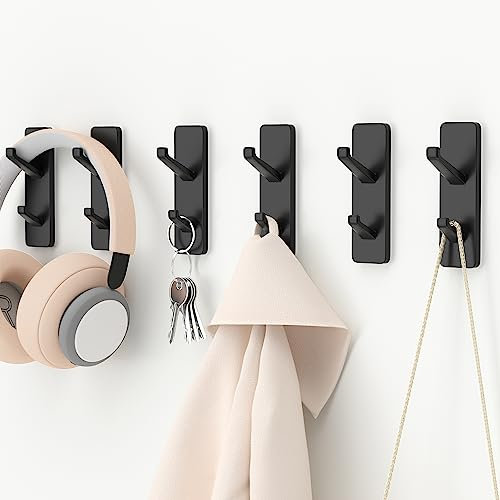 susswiff 6 Pack Black Adhesive Hooks, Sticky Hooks Extra Strong,Heavy Duty Stick On Wall Door Hooks for Hanging,Bathroom Tower Hooks,Coat Hooks Robe Hook Wall Mounted, Kitchen Hallway Hooks,Stainless
