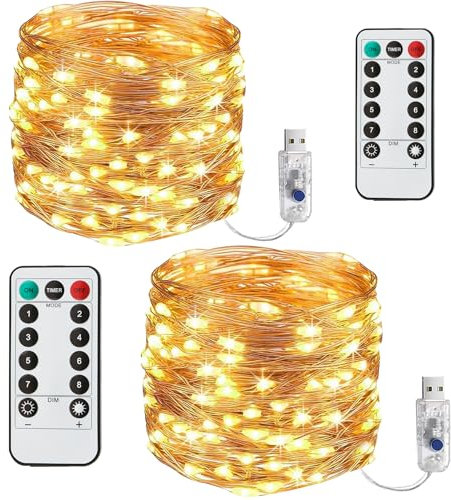 LITYBY 2 Pack Fairy Lights for Bedroom, 120LED 40Ft Fairy Lights Plug in Powered, 8 Modes Outdoor/Indoor Copper String Lights with Remote Timer for Bedroom, Party, Wedding, Christmas (Warm White)