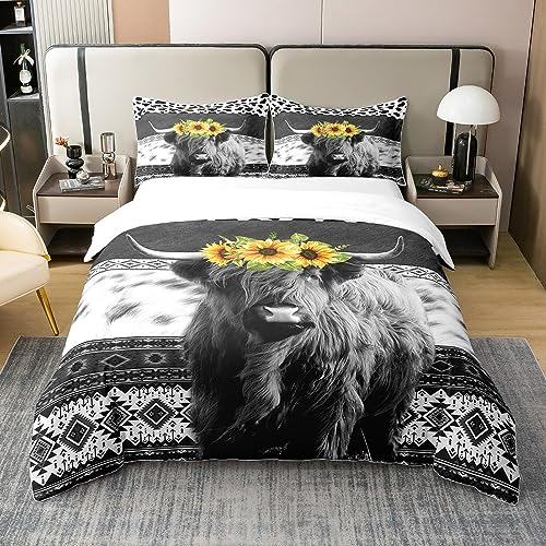 100% Natur Baumwolle Grau Hochland Kuh Bettbezug, Retro Western Rind Haut Print Bettwäsche Set, Tribal Geometrie Dreieck Diamant Bettwäsche 135x200