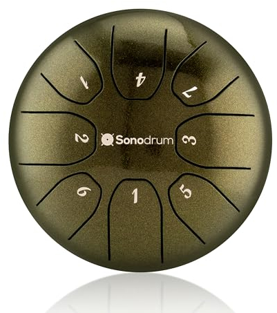 Sonodrum Zungentrommel Standard C - Dur in Kiwi - 14 cm klein mit 8 Tönen - Steel Tongue Drum inkl. Liederbuch, Schlägel, Fingersticks und Tragetasche - Notenlesen nicht nötig, einfach zu spielen.