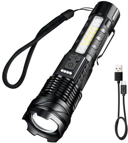 Eidoct Torches LED Super Bright 20000 Lumens - Rechargeable 7 Modes USB-C Battery Powered Flashlight with Red Blue Side Light, Clip, with Power Indicator