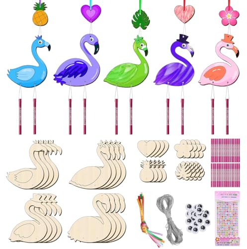 KERANEET 16 Stück Windspiel Bastelset Kinder Flamingo Holz Basteln DIY Windspiel Basteln Kinder Holz zum Bemalen für Mädchen Junge Kindergeburtstag Party Flanmingosparty