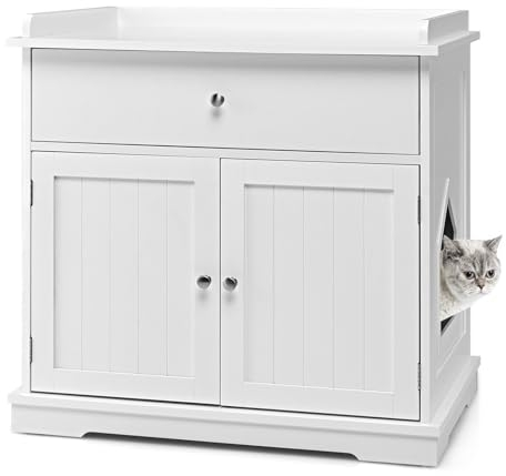 SOARS Mobile Lettiera per Gatti con 2 Ante e Cassetto, Armadio per Gatto in Legno con Ingresso Laterale, Grotta Rifugio Multiuso per Soggiorno, Camera da Letto e Ingresso, 76 x 53 x 74 cm (Bianco)