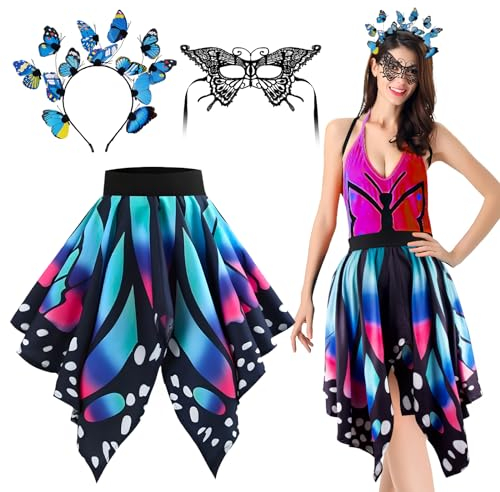 Kit de Carnaval Costume de Papillon Jupe Plissée Femme et Bandeau Serre-tête Papillon avec Masque Creux de Papillon en Dentelle Accessoire de Déguisement pour Fête Cosplay Mascarade Halloween