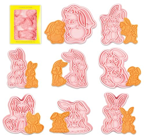 Zamety 8 Pezzi 3D Formine Biscotti Coniglietto Rosa, Riutilizzabile Stampini per Biscotti, Formine Biscotti Pasqua per Bambini, Taglia Biscotti con Scatola, Stampini biscotti, Formine per Biscotti