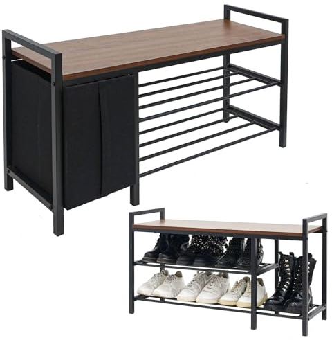 DuneDesign Schuhbank mit Sitzfläche & Korb - 92x30x52 Sitzbank mit Schuhregal Metall Bank mit Schuhablage - Garderobenbank mit Stauraum Industrial Style Deko Flur Möbel - Schuhschrank mit Sitzbank
