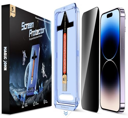 MAGIC JOHN 2 Pack for iPhone 14 Pro Privacy Screen Protector 6.1 inch, Tempered Glass, Auto Dust-Elimination Installation, Bubble Free, Anti Scratch, Case Friendly