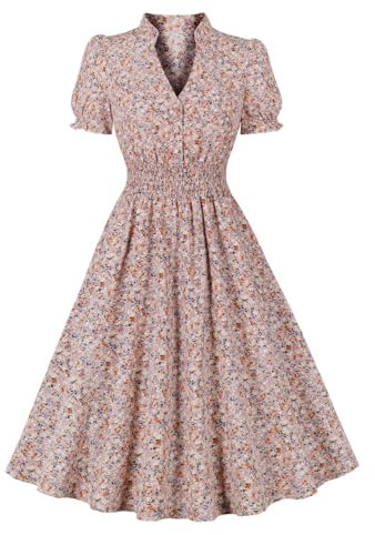 Wellwits Robe vintage à col en V pour femme Motif floral, Motif floral rose, 48-50